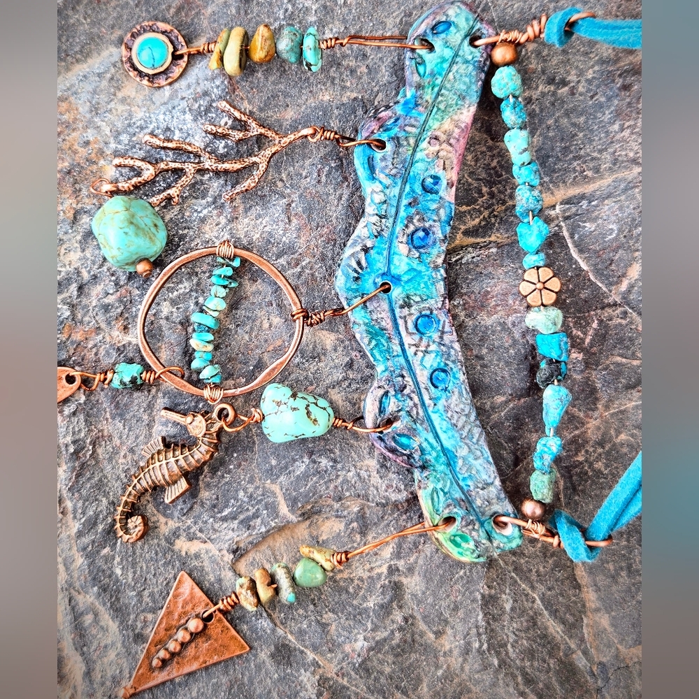 Blue In Earth Assemblage W/ Turquoise In One-of-A-Kind Artisan Copper Necklace - Picture 6 of 9